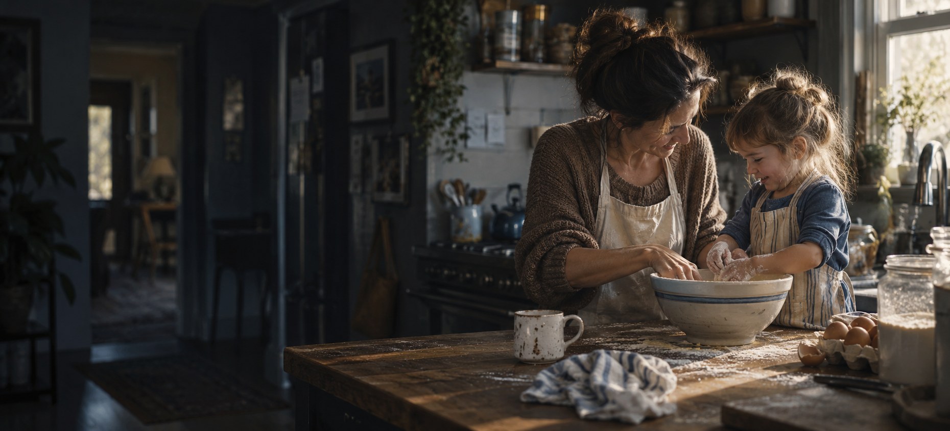 A parent and child baking together at a flour-dusted kitchen counter