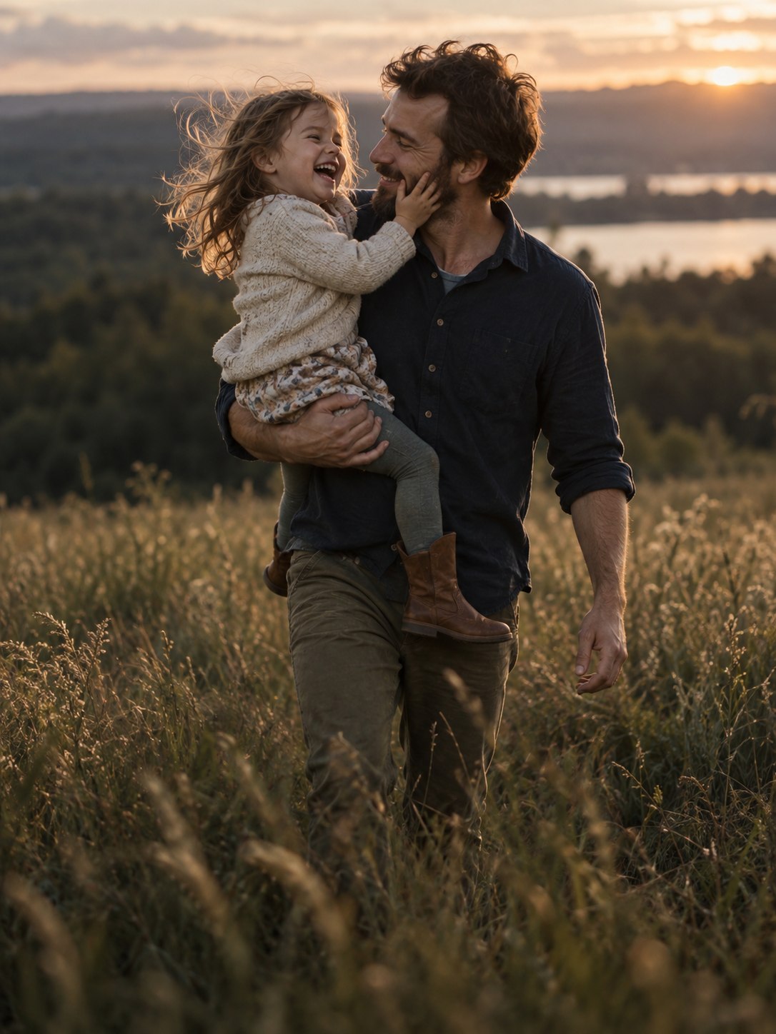 A father carrying his laughing daughter through a meadow